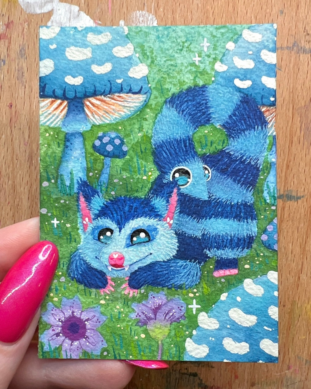 Cheshire the String Worm Possum ACEO Original Painting