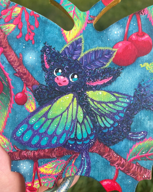 One More Berry! Moth Dragon Original Painting on Baltic Birch Canvas