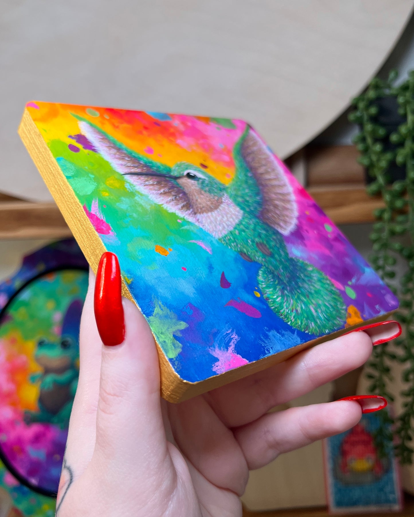 Fluffy Hummingbird Original Painting on Baltic Birch Canvas