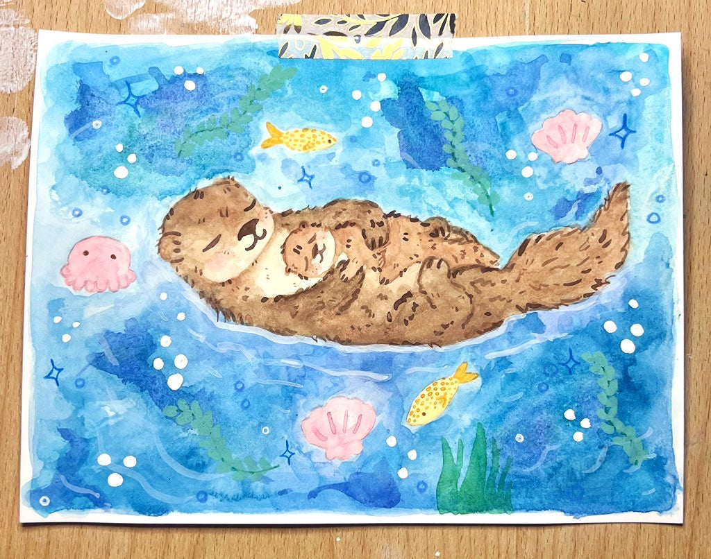 Mama and Baby Otters Painting