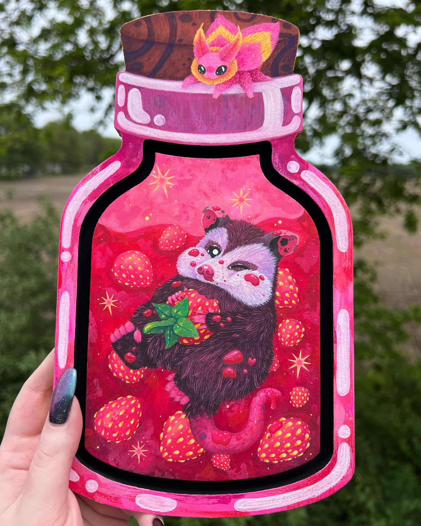 Strawberry Jam Possum Original Painting on Baltic Birch Canvas