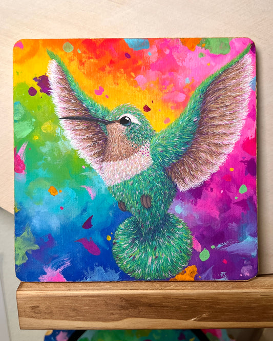 Fluffy Hummingbird Original Painting on Baltic Birch Canvas