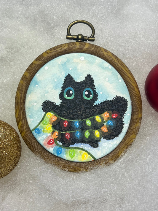 Scraggly Black Kitty Handpainted Christmas Ornament
