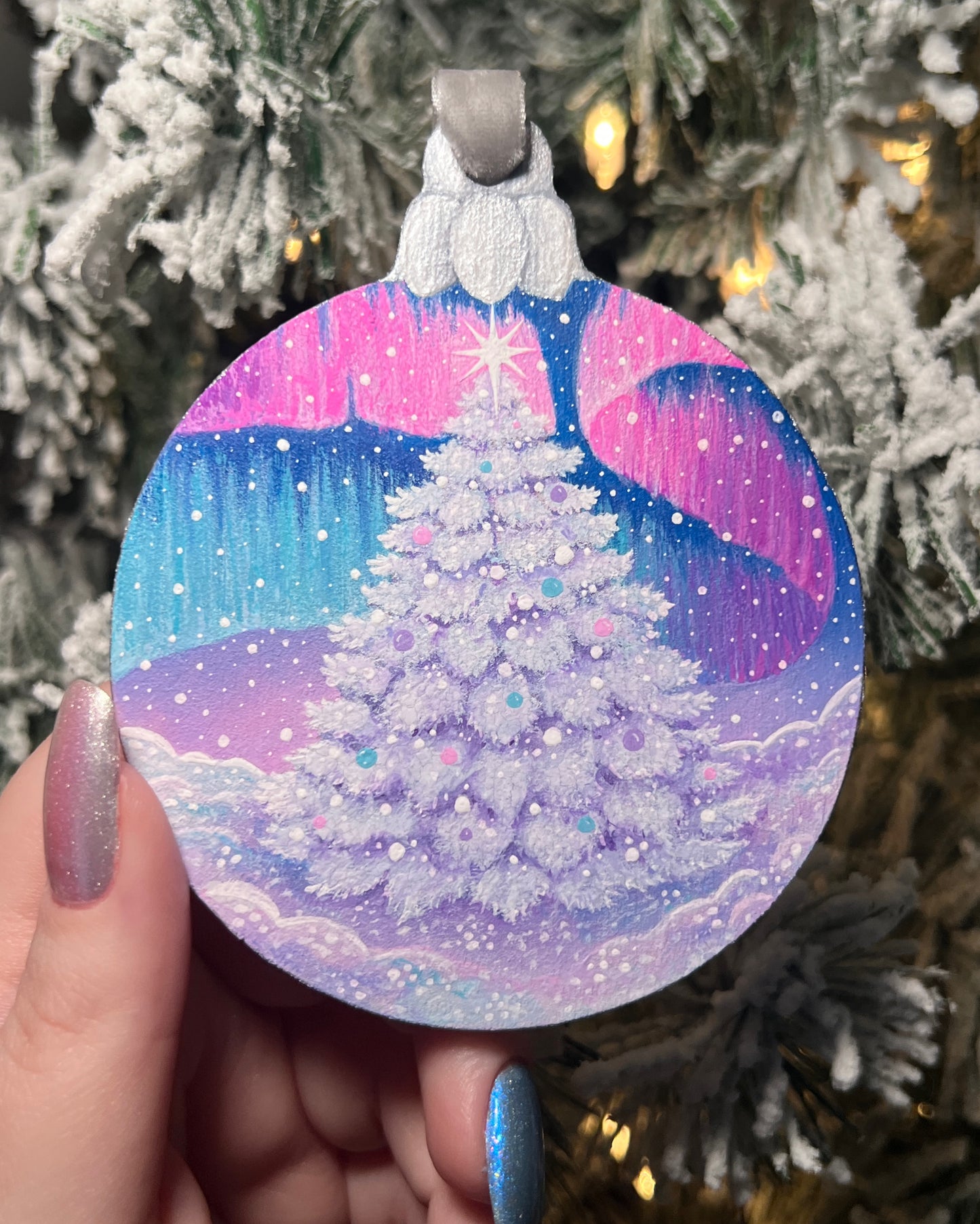 Evergreen Under The Aurora’s Glow Original Painting on Baltic Birch Ornament Canvas