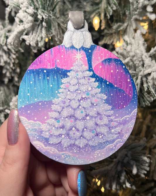 Evergreen Under The Aurora’s Glow Original Painting on Baltic Birch Ornament Canvas