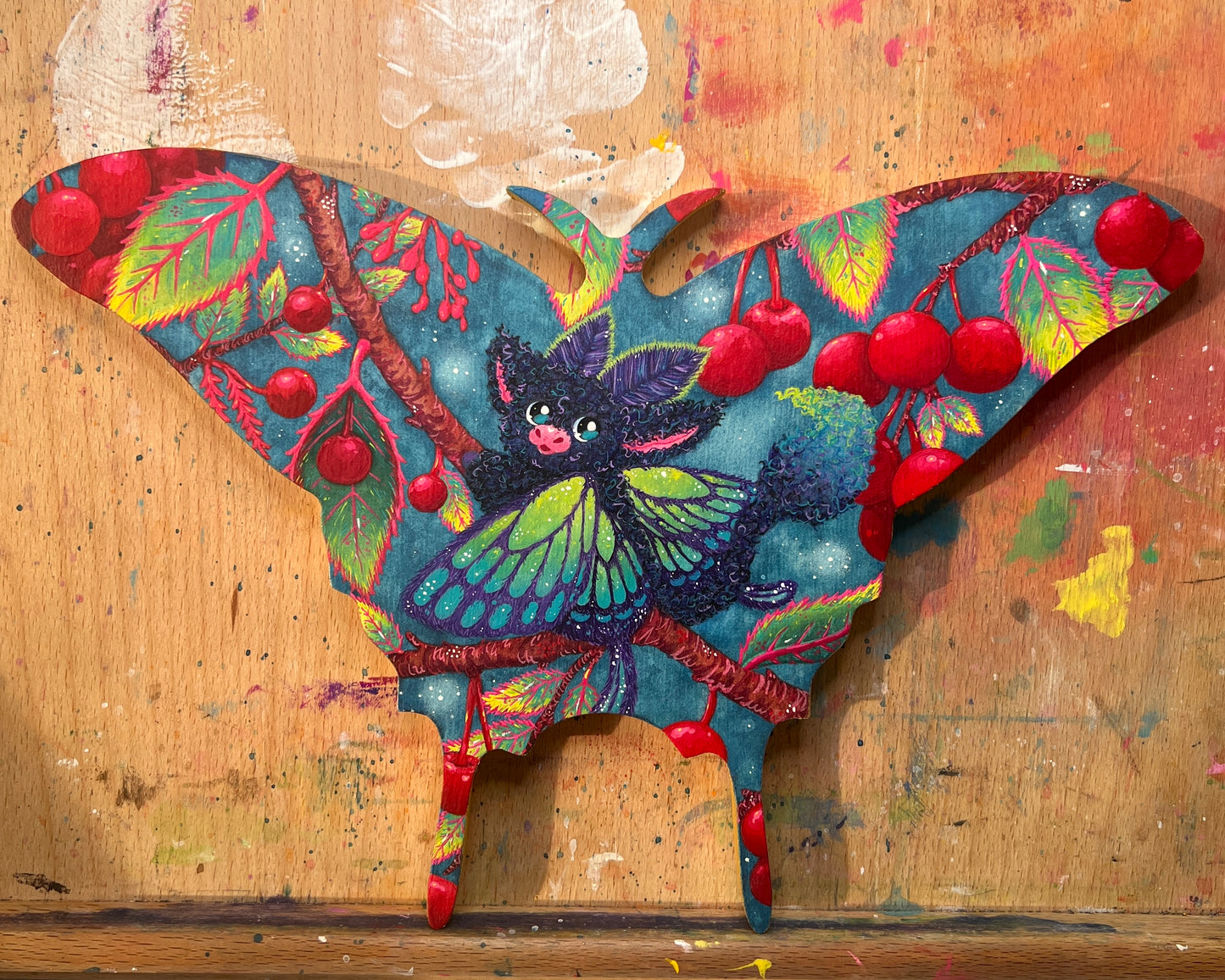 One More Berry! Moth Dragon Original Painting on Baltic Birch Canvas