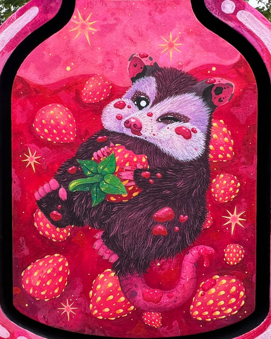 Strawberry Jam Possum Original Painting on Baltic Birch Canvas