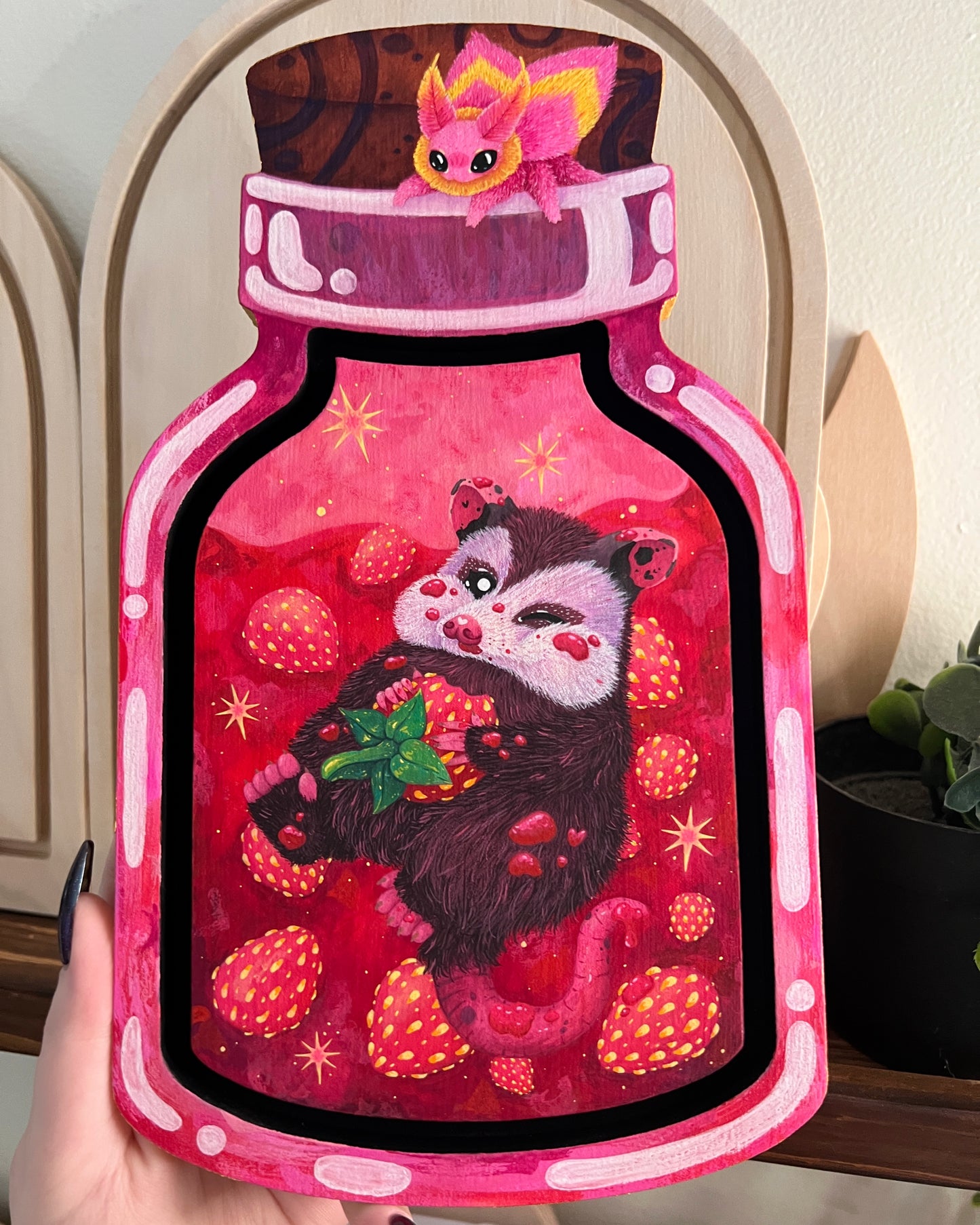 Strawberry Jam Possum Original Painting on Baltic Birch Canvas