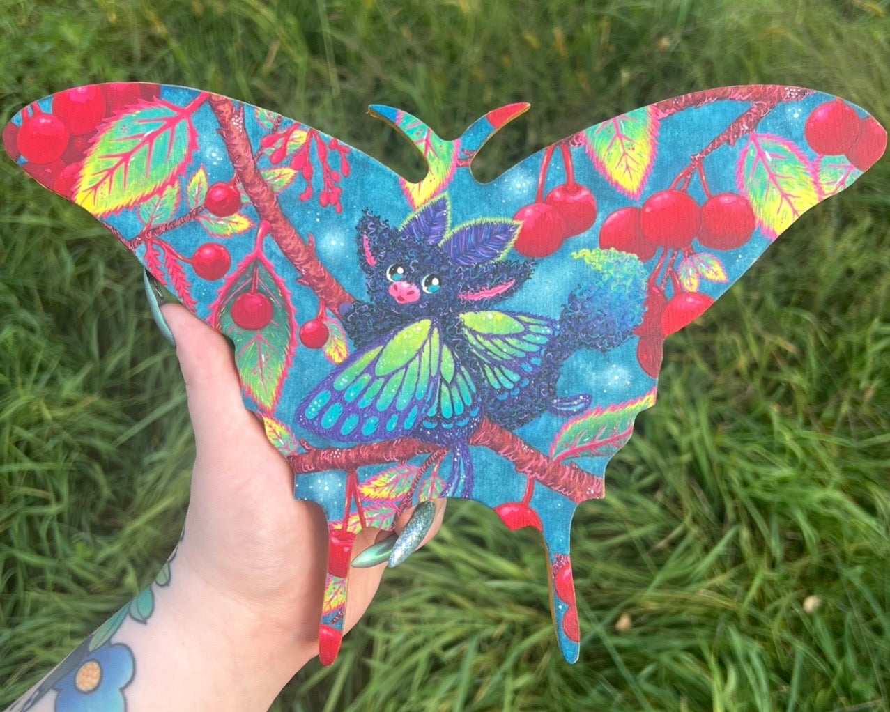One More Berry! Moth Dragon Original Painting on Baltic Birch Canvas
