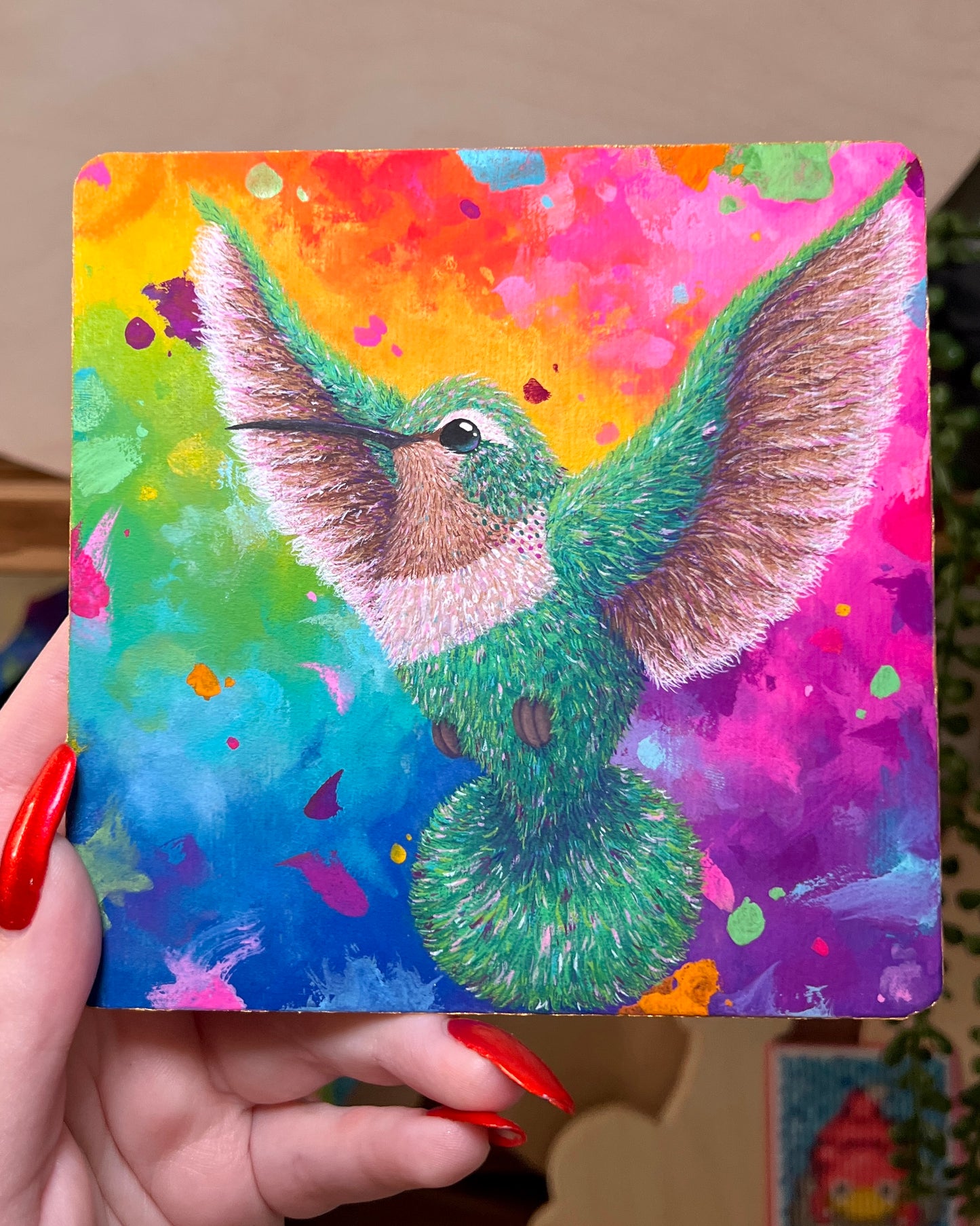 Fluffy Hummingbird Original Painting on Baltic Birch Canvas