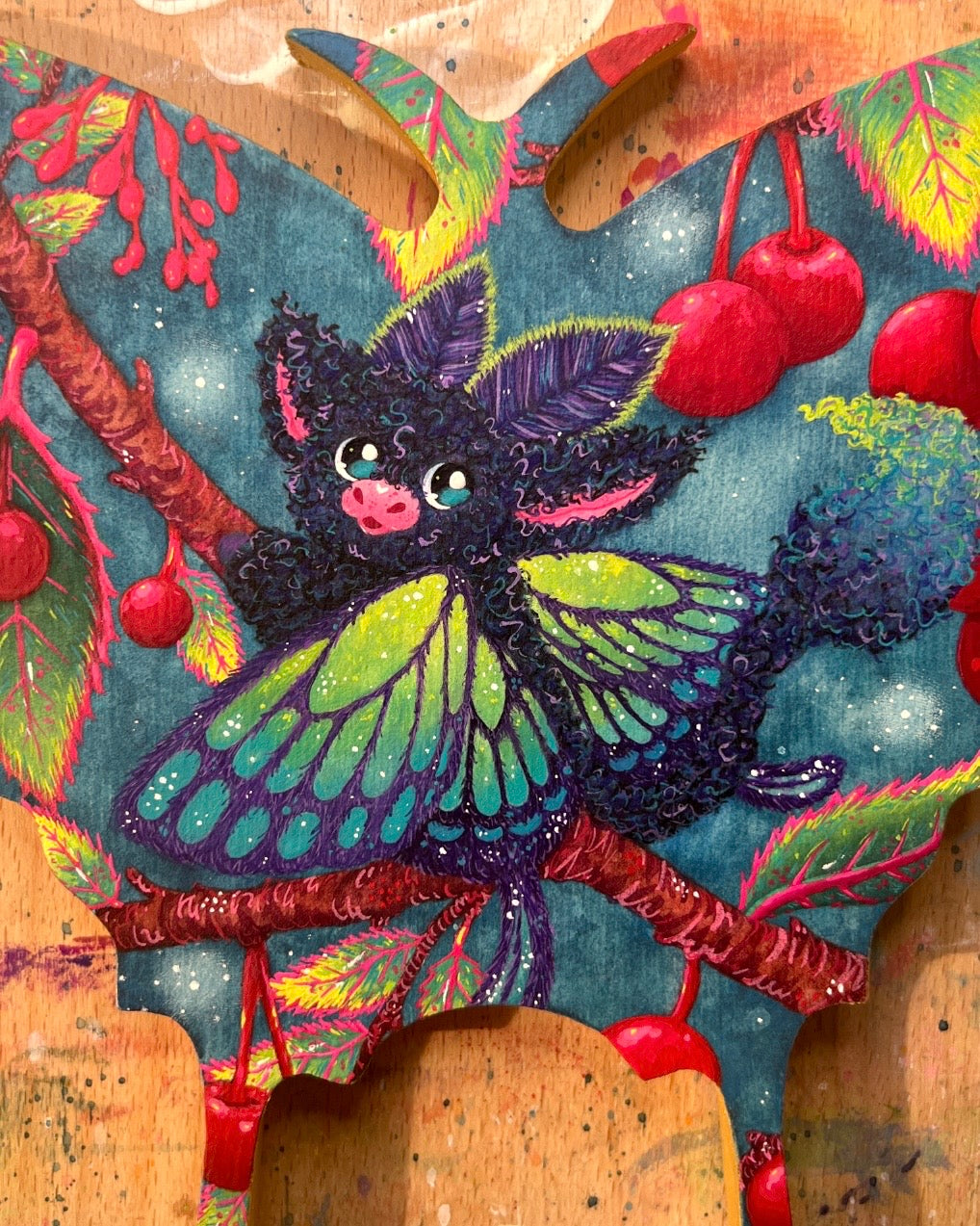 One More Berry! Moth Dragon Original Painting on Baltic Birch Canvas