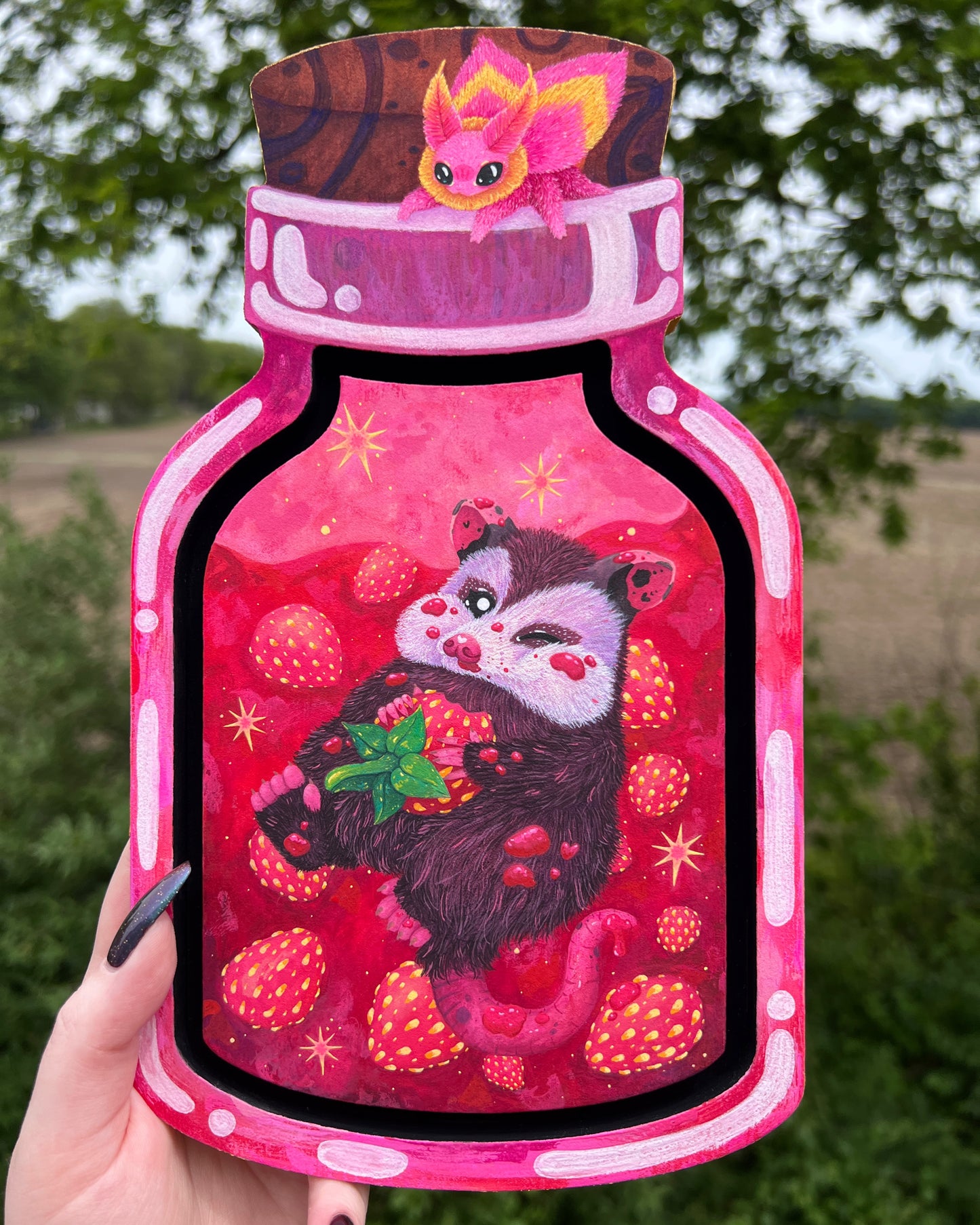 Strawberry Jam Possum Original Painting on Baltic Birch Canvas