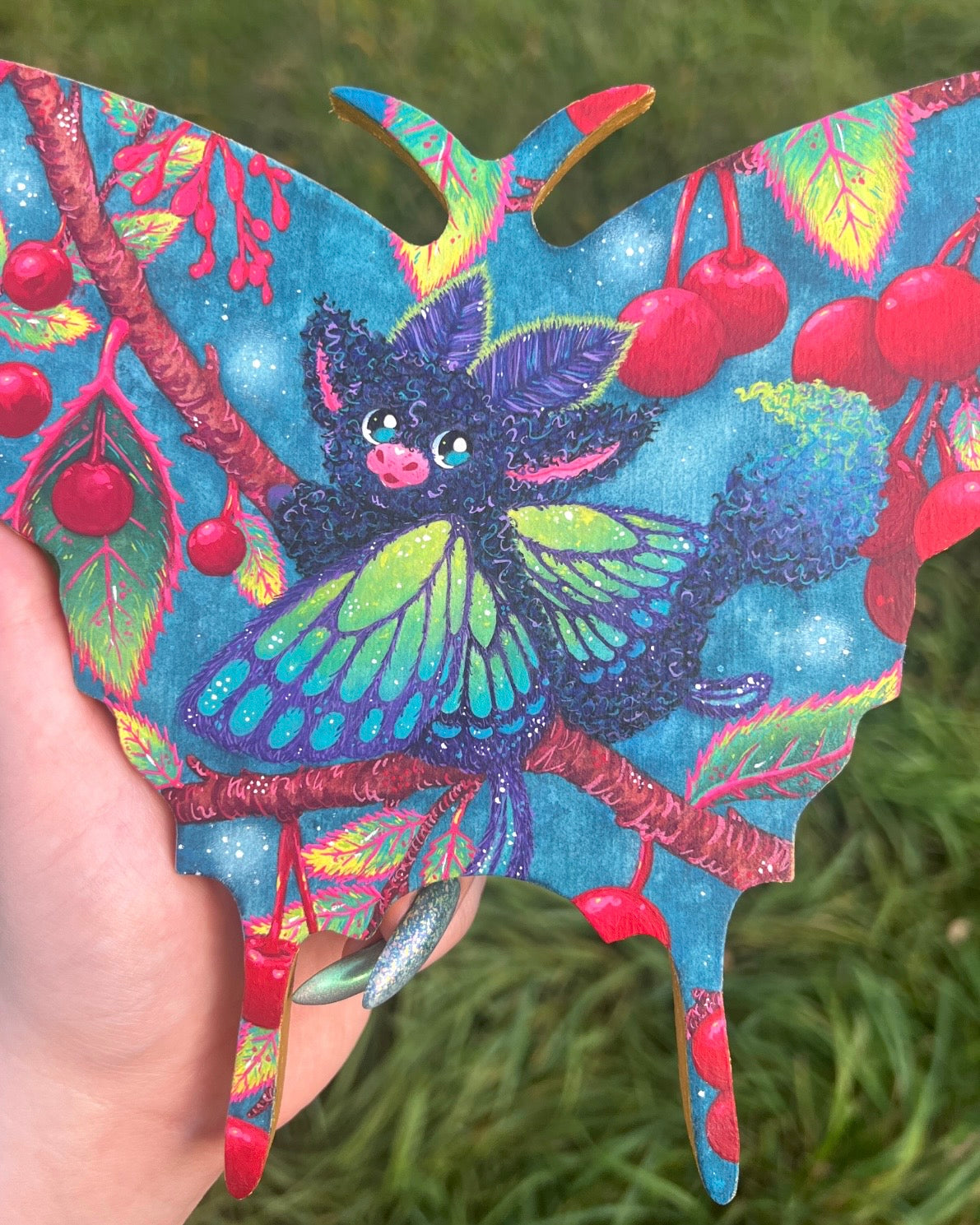 One More Berry! Moth Dragon Original Painting on Baltic Birch Canvas