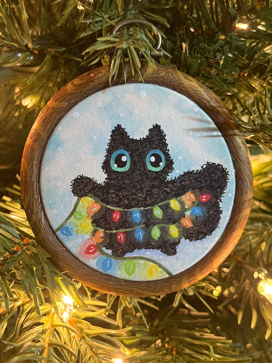 Scraggly Black Kitty Handpainted Christmas Ornament